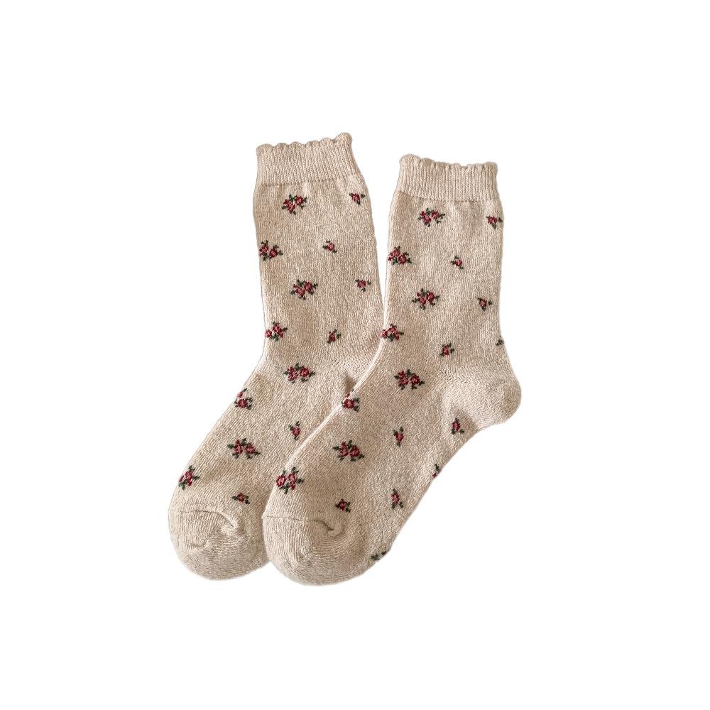 Retro Floral Wool Socks, Pile Socks, Thick and Warm Floral Fringed Socks for Autumn and Winter