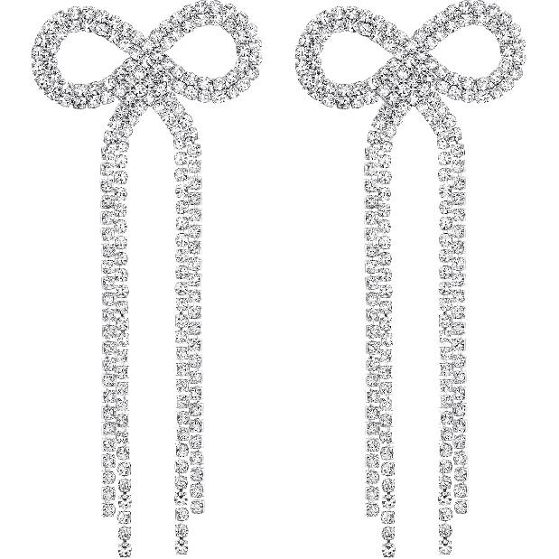 Bow Earrings Silver Rhinestone Tassel Bow Stud Bridal Earrings for Women