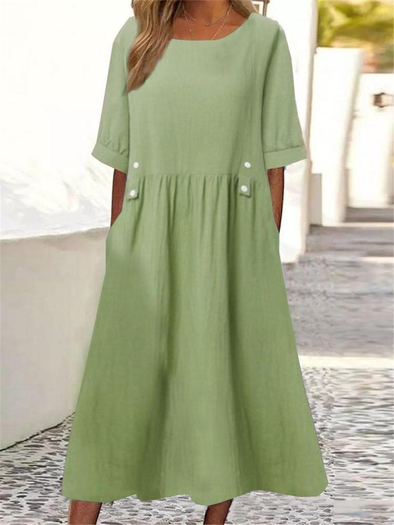 Round Neck Dress-up Breathable Cotton Linen Women Dress Streetwear Lady