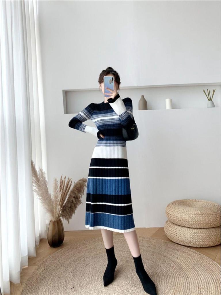 2025 Herbst/Winter Hepburn-Stil Gestreiftes Strick-Bodycon-Kleid für Damen