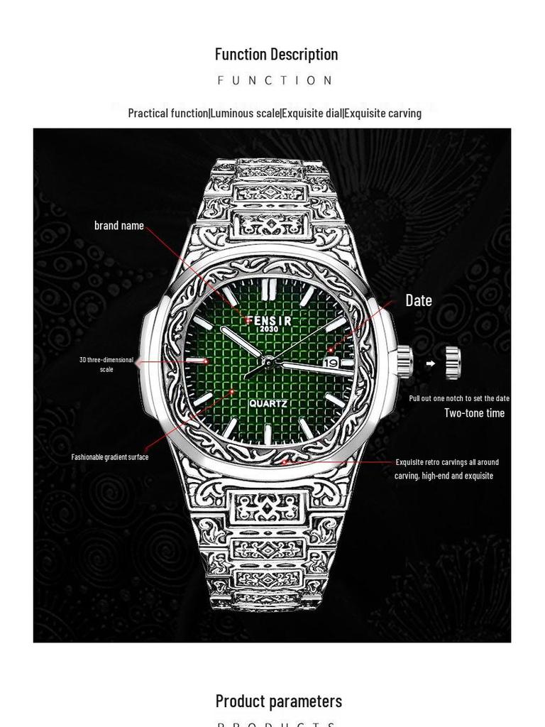 FENSIR Engraved Mesh Men's Retro Calendar Quartz Watch In European and American Style