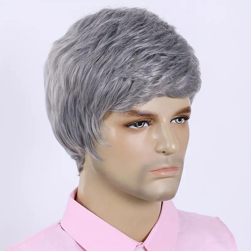 Light Grey Men Wig Synthetic Short Hair Wig with Bangs Natural Curly Hairstyle Elderly Wig Male Cosplay Halloween Party