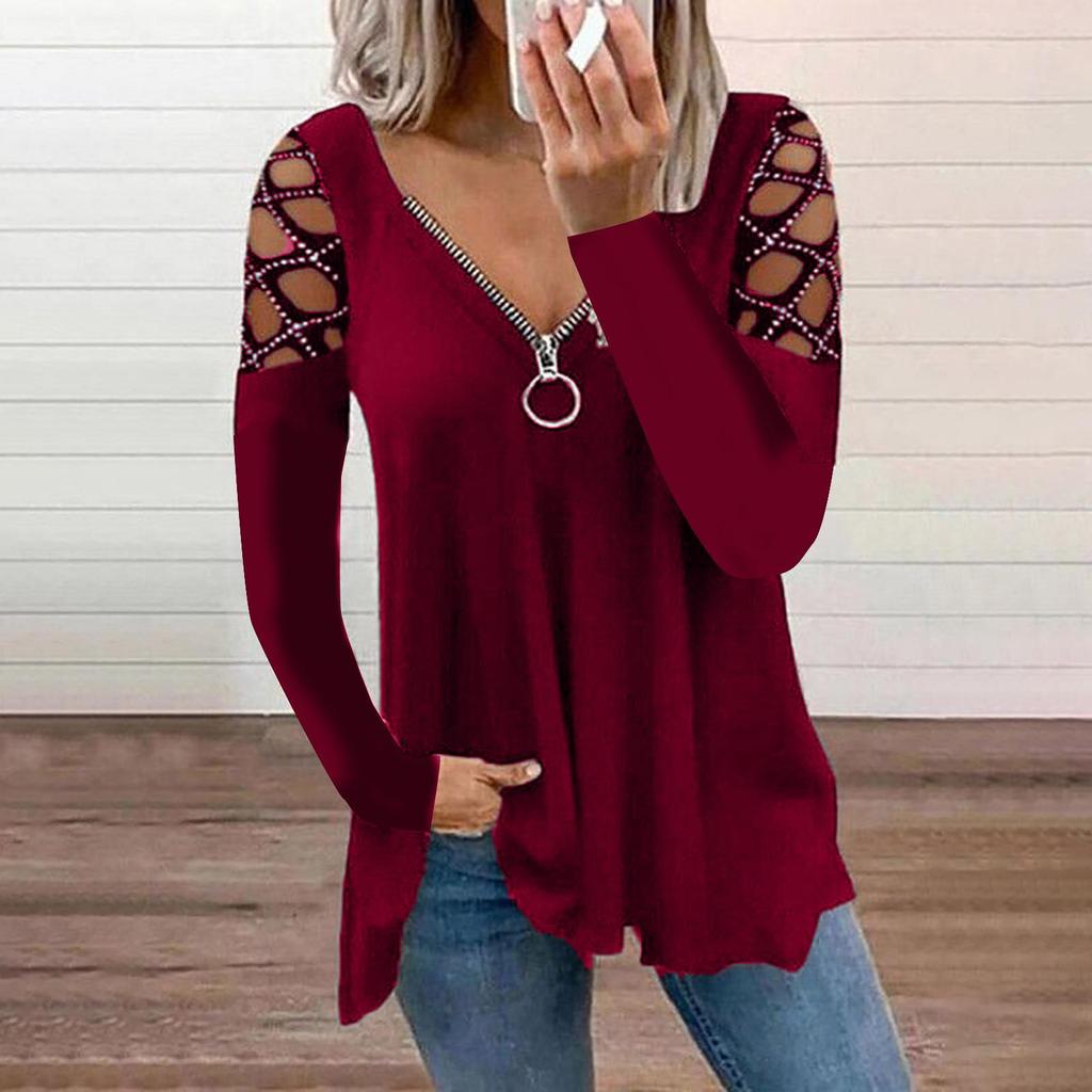 2026 V-Neck Solid Color Hollow Sleeve Drilled Casual Women's Top