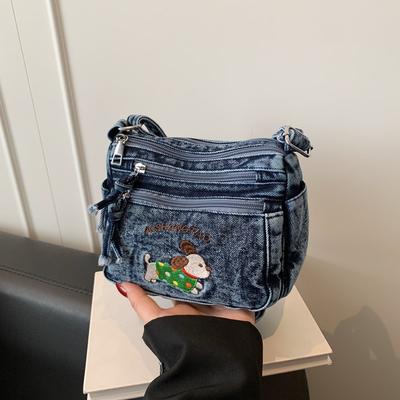 Bolsa Jeans Bordada com Desenho Animado Bolsa de Ombro Transversal Feminina