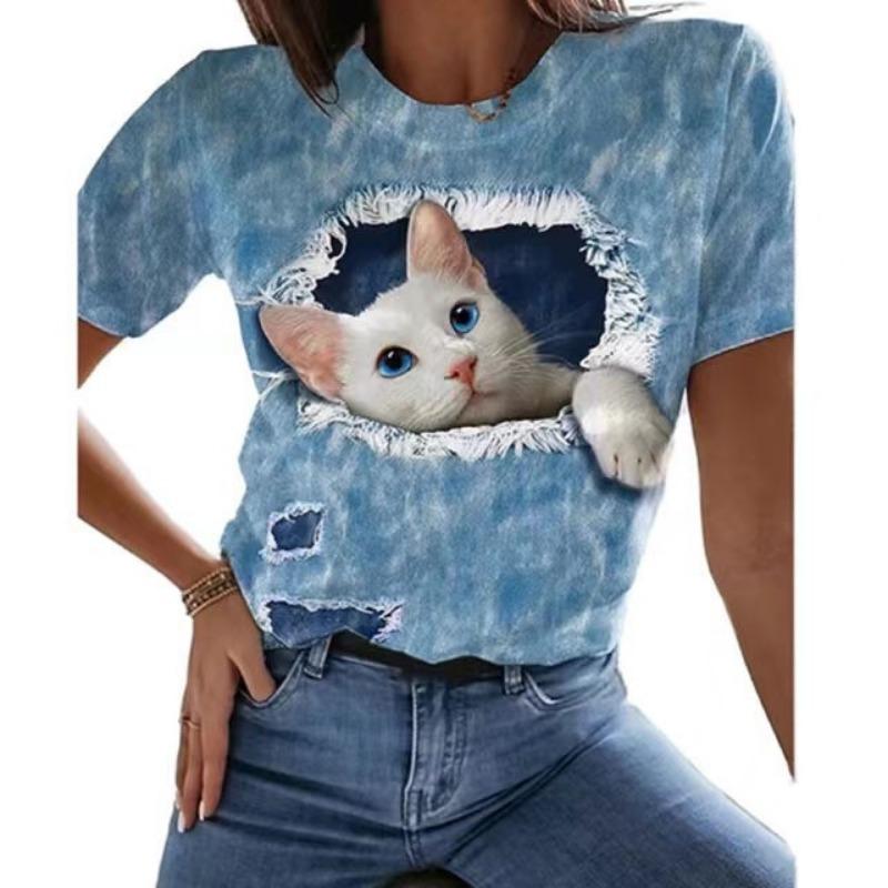 

Retro Cartoon Cat T-Shirts Cute Kitten 3D Print Summer Women s O-Neck Short Sleeve T Shirt Harajuku Tees Y2k Female Clothing S