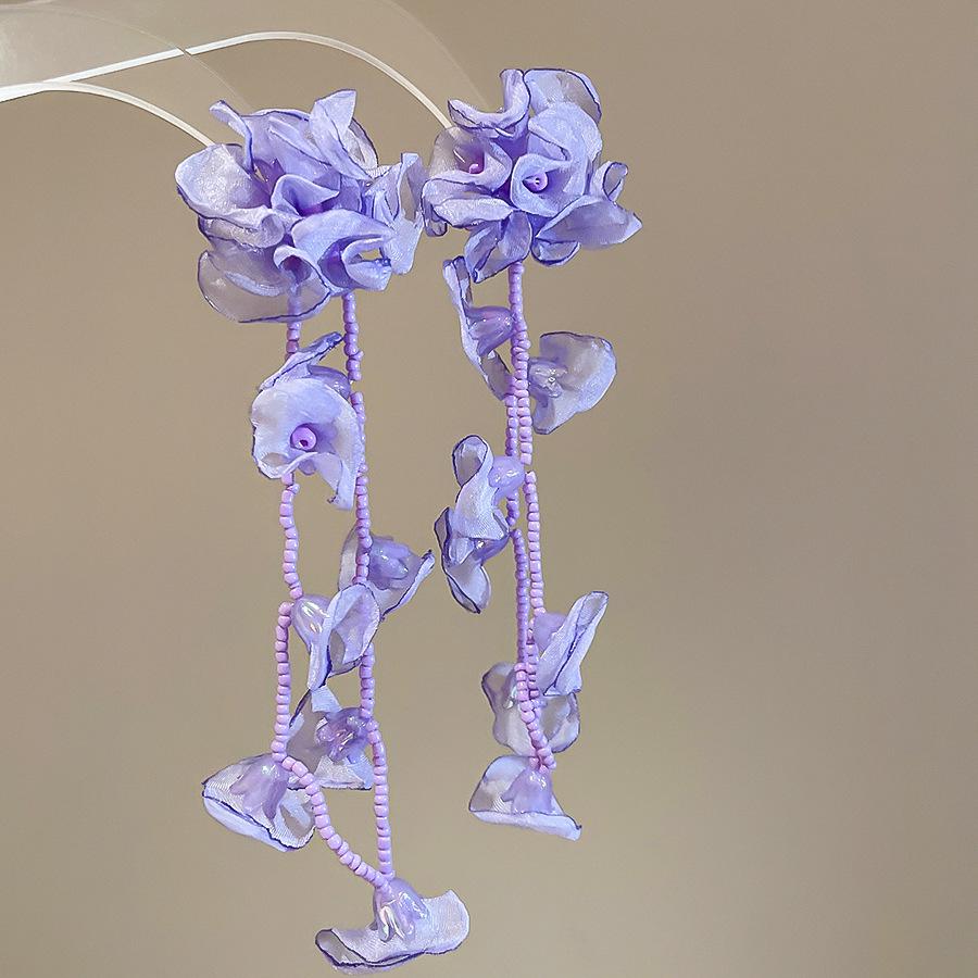 Silver Needle Chiffon Flower Tassel Earrings, Sweet Mori Style, Dopamine Trend, Versatile Women’s Earrings