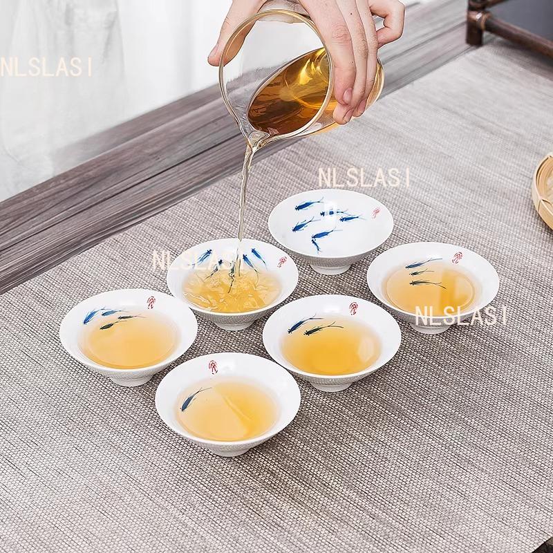 6pcs 30ml Ceramic Tea Cup Set Hand Drawn Small Fish Hat Cup Jingdezhen Blue and White Tea Cup Chinese Style Drinking Utensils