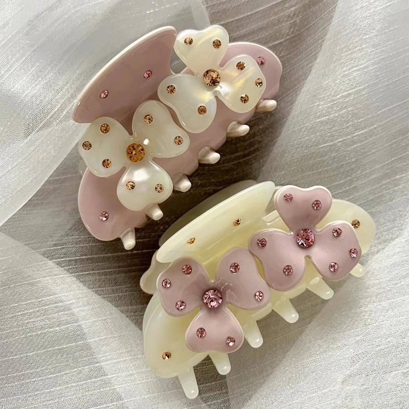 New Sweet Flower Hair Claw Rhinestones Acetate Claw Clip Cream Color Crab Hair Clips Hair Accessories for Woman Girls