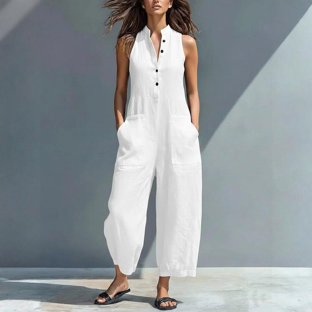 Tuta senza maniche con bottoni e gamba larga da donna, casual, vestibilità larga, con tasche, tessuto leggero in lino