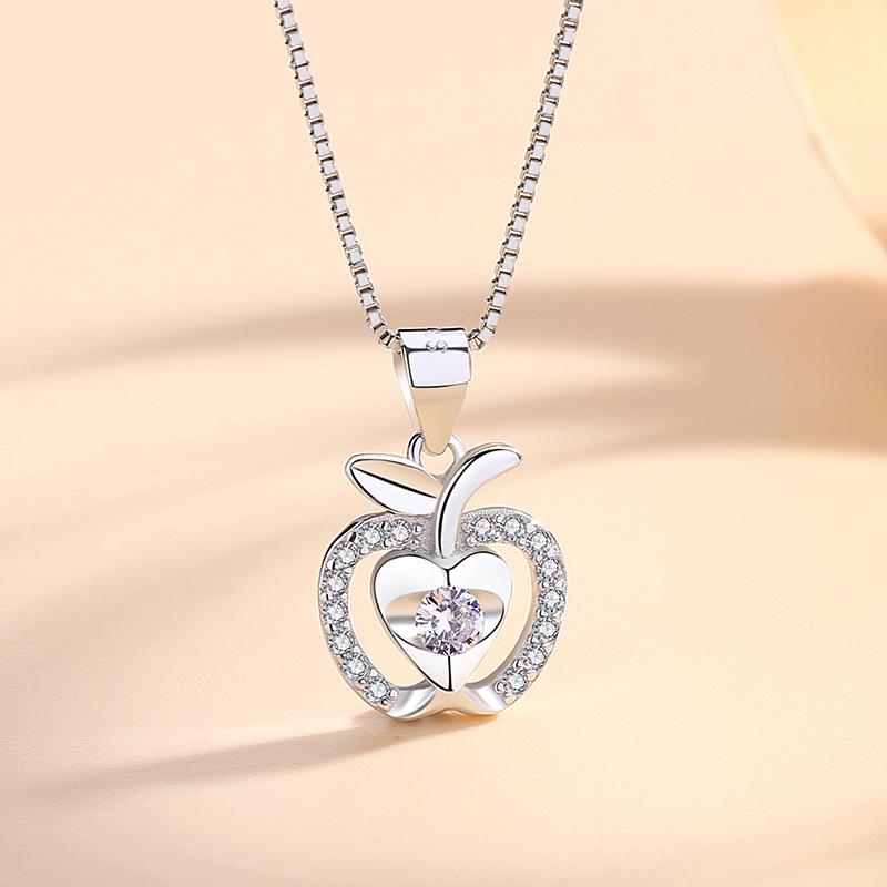 Korean Style Sterling Silver Apple Pendant with Diamonds - Fresh Fruit Christmas Jewelry