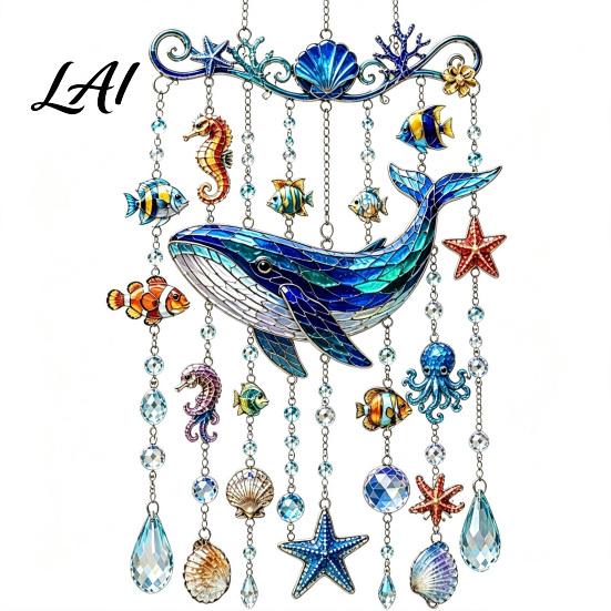 Balcony Hanging Decor Ocean-Themed Wind Chime Decoration Animal Sun Catcher with Faux Crystal Drops Tropical Fish Garden Decoration Stained