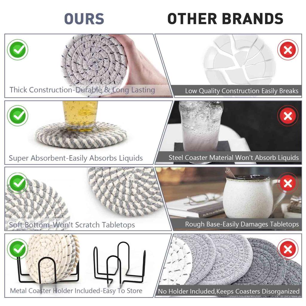8Pcs Cup Coasters for Drinks Absorbent Woven Coaster Set with Holder Farmhouse Cloth Fabric Cup Coasters for Coffee Tea