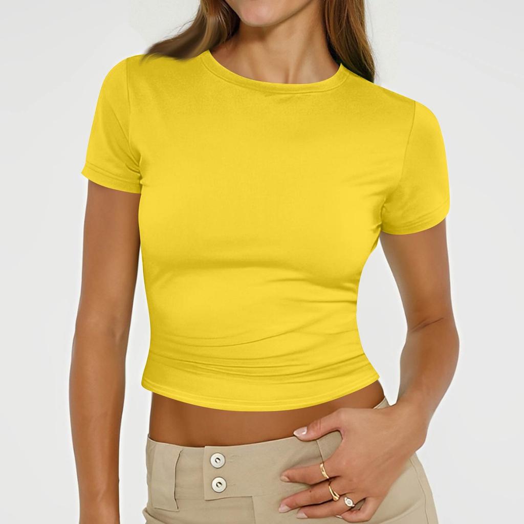 Ladies Summer Fashion Casual Color Round Neck Short Sleeve Slim Ribbed Top