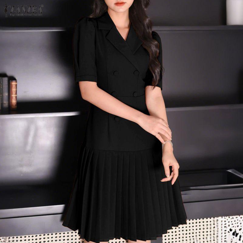 ZANZEA Women Casual Turn Down Collar Pleated Hem Loose Short Sleeve Dress S чёрный