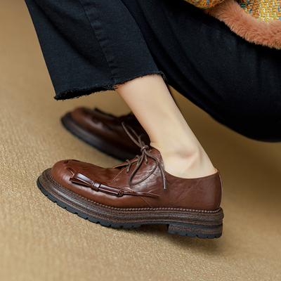 2024 Spring New Platform Shoes Women Genuine Cow Leather Round Cross Tied Closure Chunky Sole Ladies Casual Shoes Handmade Pumps