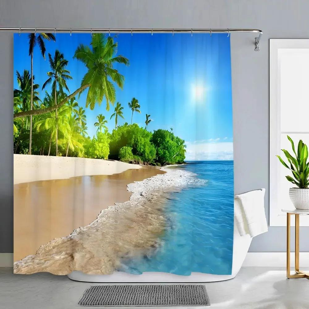 1PC Green Tropical Plants Shower Curtains for Bathroom Polyester Seaworld Shower Curtain Printing Curtain Beach Shower Curtains