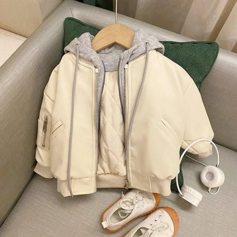 Boys Thickened Faux Leather Jacket Autumn Winter Korean Fake Two Piece Design Kids Fashion Warm Coat 90
