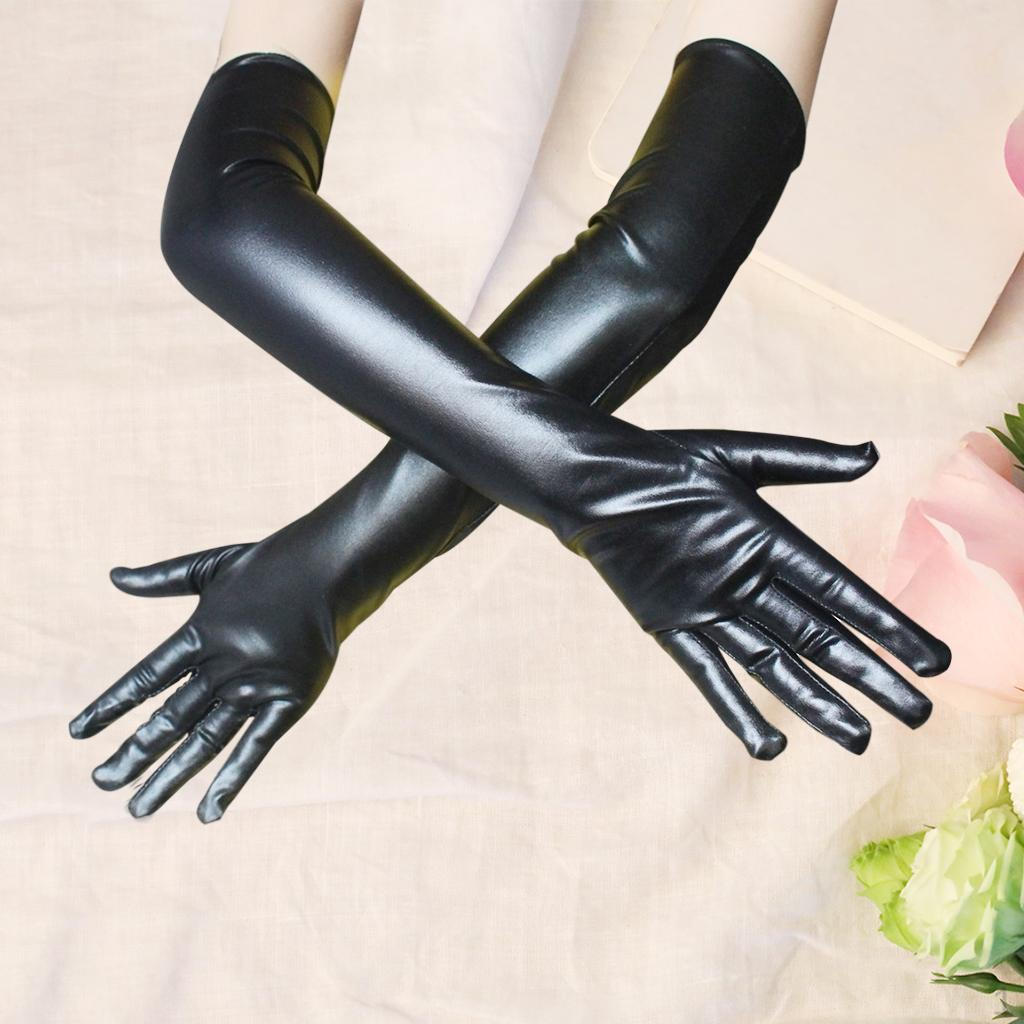 Lange Lederhandschuhe für Damen Kunstleder Lack PU Oper Glänzend Paar Finger Cosplay Passend