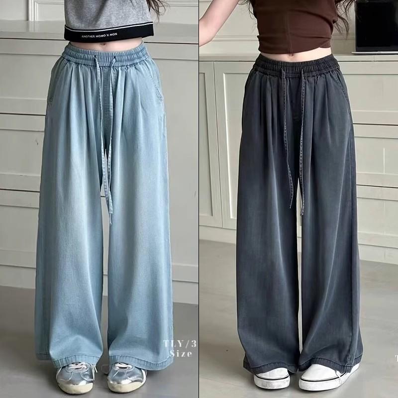 Girls Summer Thin Jeans Lyocell Cotton Straight Leg Jeans Big Kids Wide Leg Long Trousers