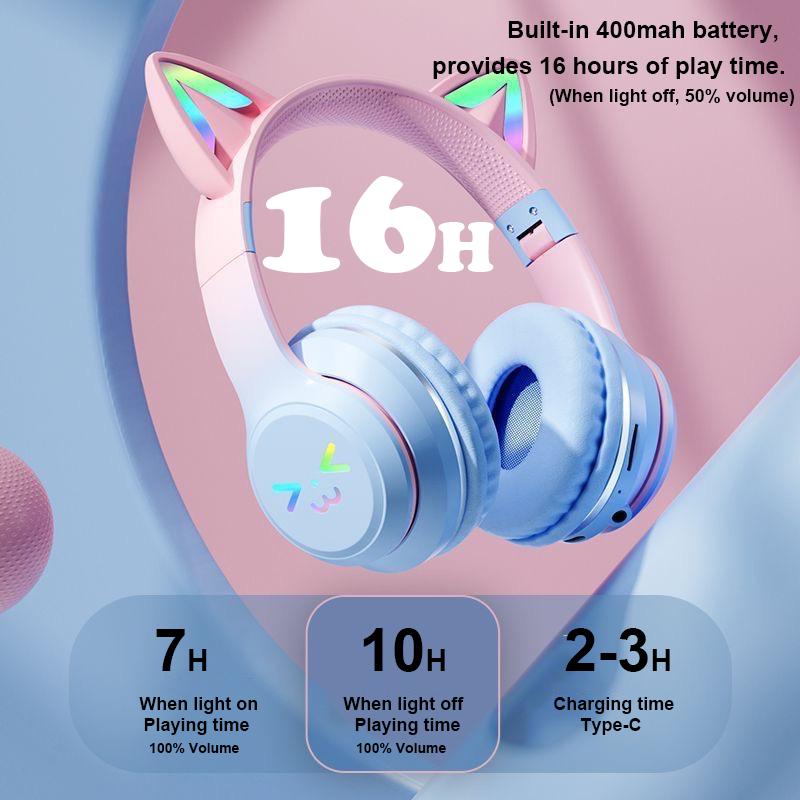 LED Flash Light Bluetooth Headphones Cute Cat Ears Wireless Earphone with Mic Kids Girls Stereo Cool RGB Headsets Bluetooth 5.1