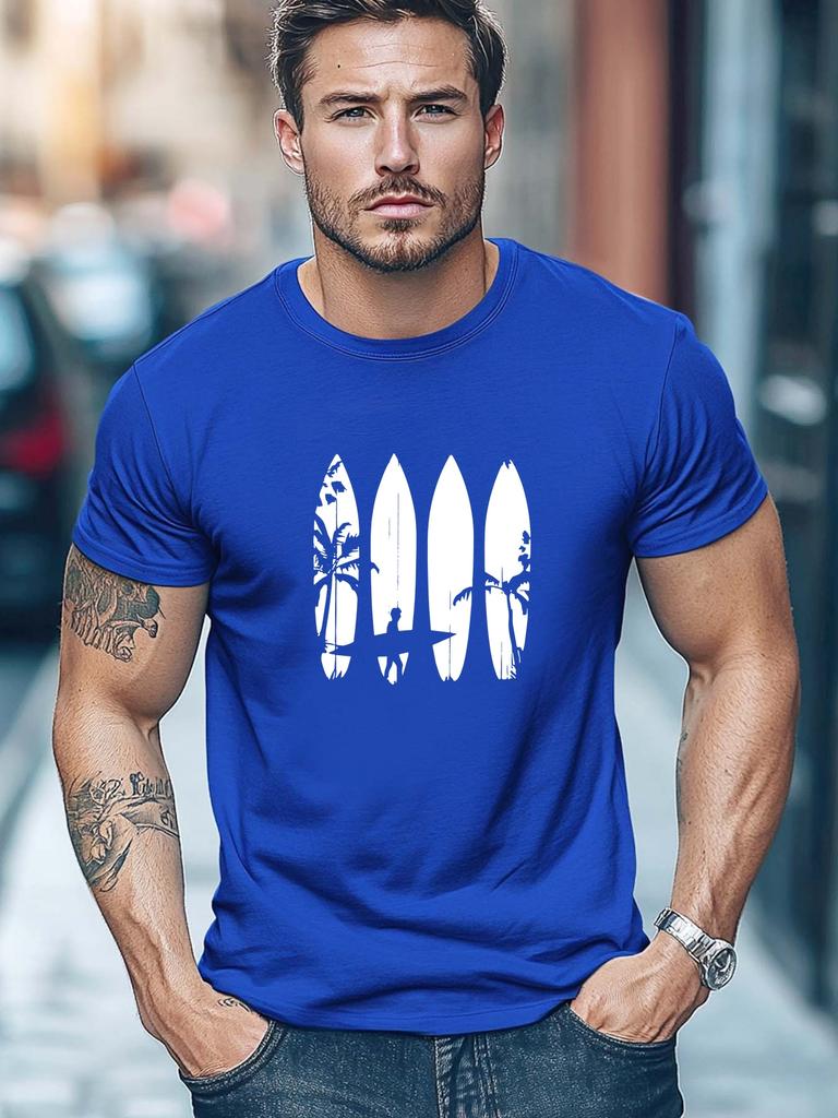 Unisex Summer Casual Short Sleeve T Shirt Surfboard Palm Tree Surfer Silhouette Graphic Slim Fit Street Fashion Tees Tops