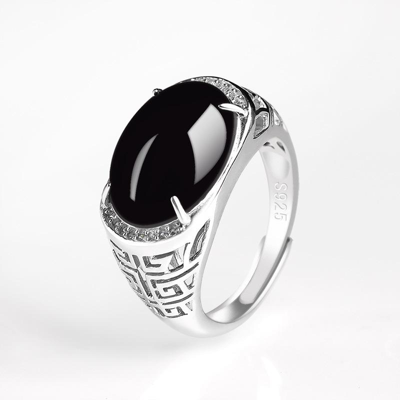 

Vintage Silver Ring with Natural Black Jade Black and White Silver Skeleton Single Ring Adjustable Fine Jewelry for Men resizable