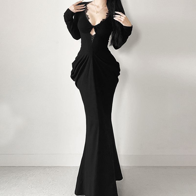 

Xiaoke Wiwi Fashion Style Sexy Black Dress Women s Autumn New Arrival Elegant Sexy Fishtail Gown Long Dress Black (Long sleeves) M