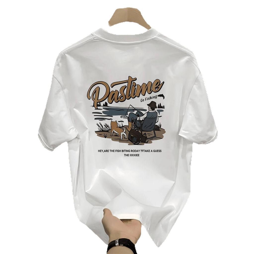Cotton Short-Sleeved T-Shirt Men'S American Retro Half-Sleeved Student Top Boys Crew Neck Pattern Print Japanese