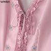VONDA Women V Neck Short Sleeve Buttons Up Ruffled Hem Print Casual Blouse