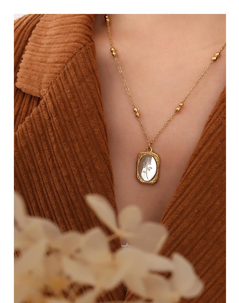 French Retro Rose Flower Necklace with Geometric Bead Chain, 18K Gold-Plated Titanium Steel