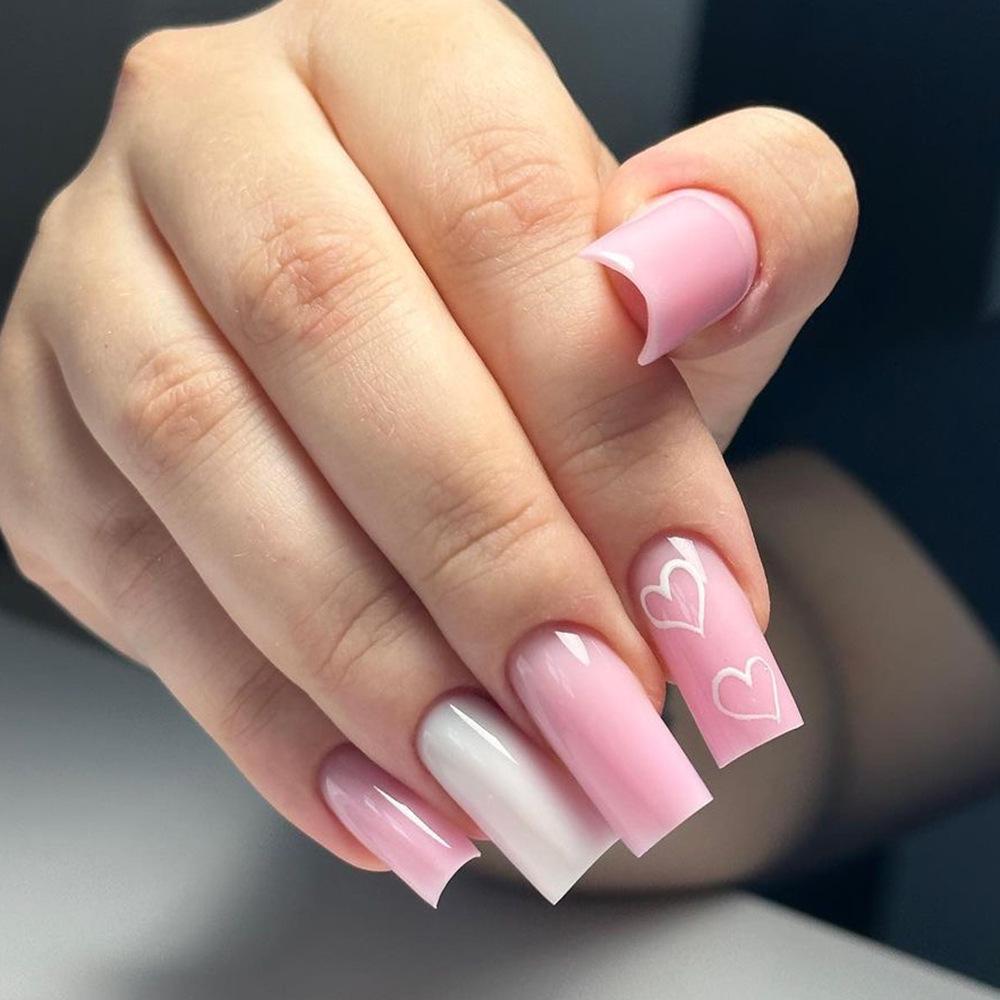 

Simple Love Medium-Length Pink & White Valentine s Day Rectangle Press-on Nails Model JP3057 Glue Type