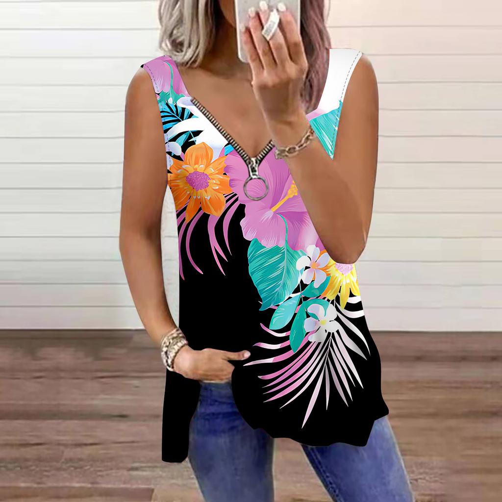 Top da Donna Estivo con Stampa di Foglie di Palma Casual Taglie Forti Senza Maniche Zip Scollo a V Canottiera