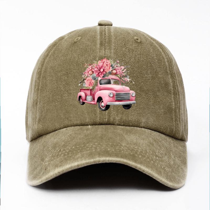 Pink Flower Truck Print Cotton Baseball Cap Vintage Casual Adjustable Unisex Summer Hat