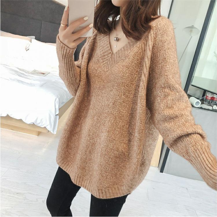 Autumn Winter Women's Sweater Knitwear Loose V-neck Medium-length Knitted Tops Pullover Jumper