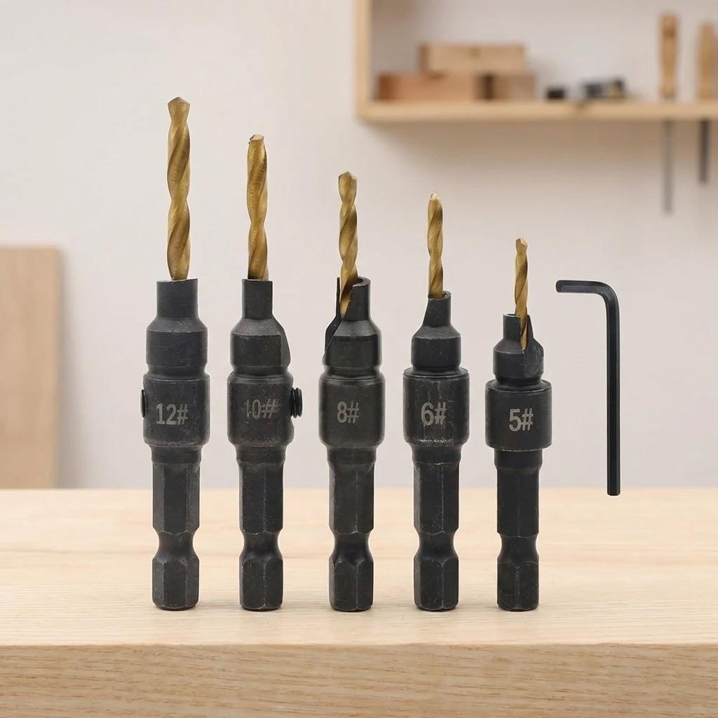 

STONEGO 5pcs Set Countersunk Bit Chamfered Adjustable Drilling Tool Kit for Guiding Countersunk Holes in Wood Processing золотий