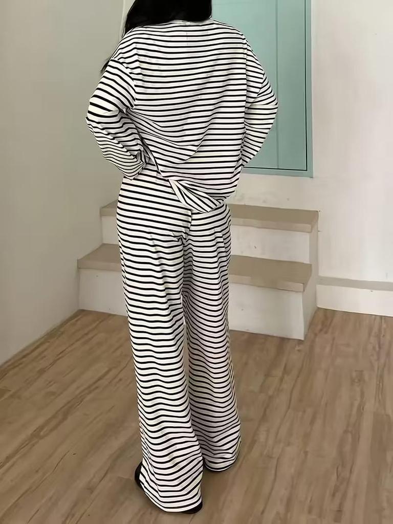 European-American Women's Striped Long Sleeve Top & High Waist Pants Set - Autumn 2025 Fashion Casual Wear.