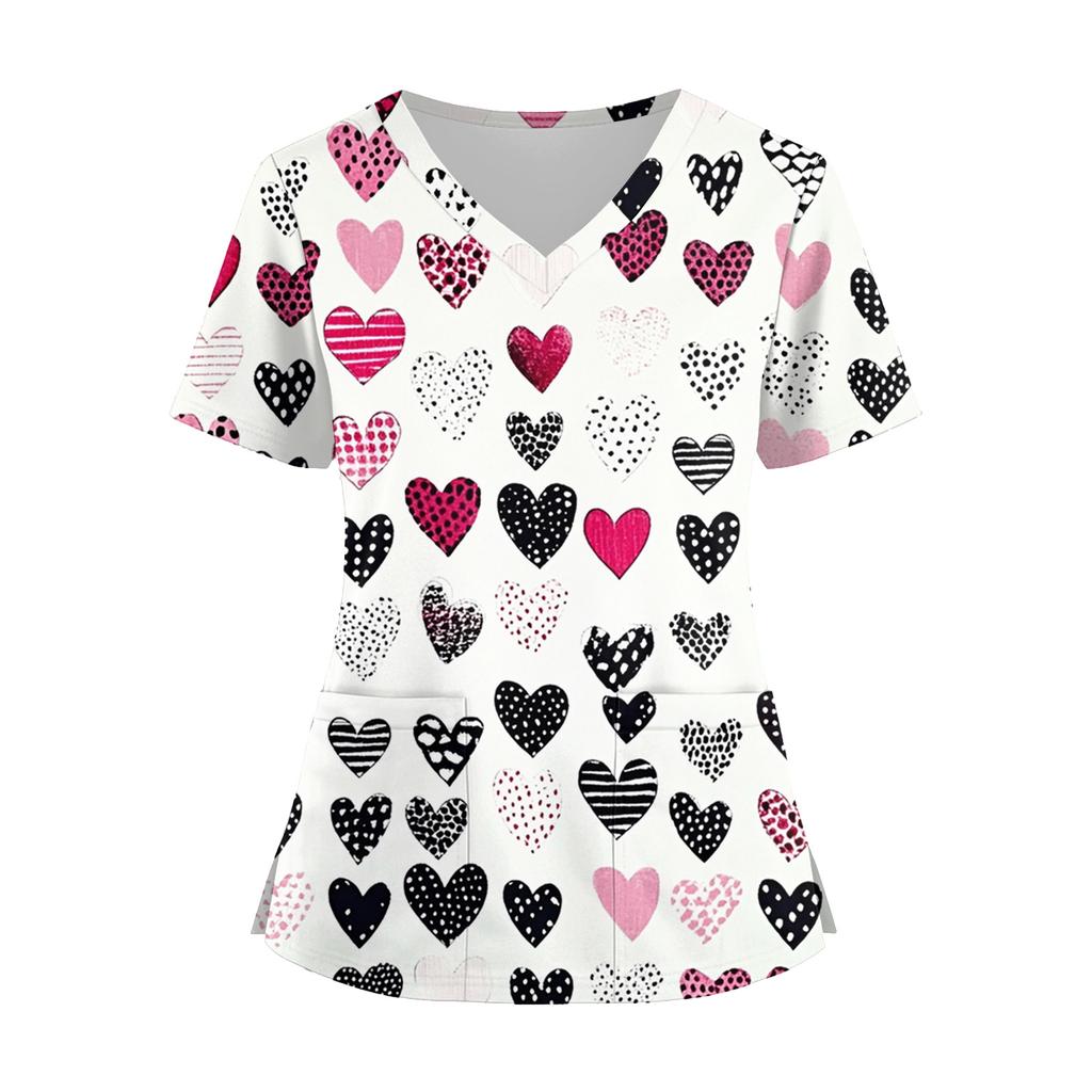 Damenmode V-Ausschnitt Kurzarm Overalls mit Taschen Print Tops Kleidung