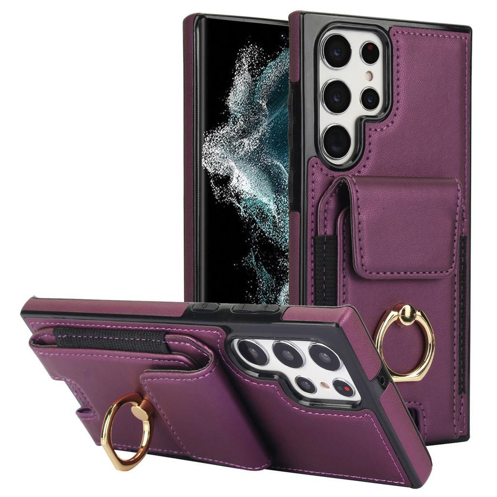 For Samsung Galaxy S22 Ultra 5G Case Card Holder Leather Coated TPU Kickstand Cover