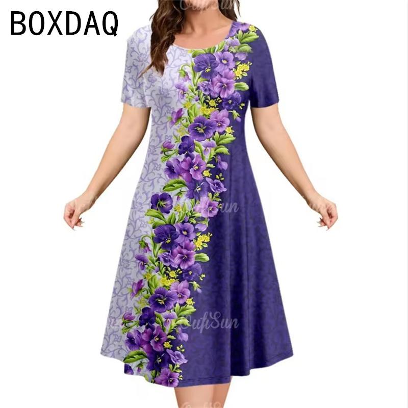 Oversized Women Dress Elegant Vintage 3D Floral Gradient Printed Dress Big Size Summer Short Sleeve Loose Casual A-Line Dress