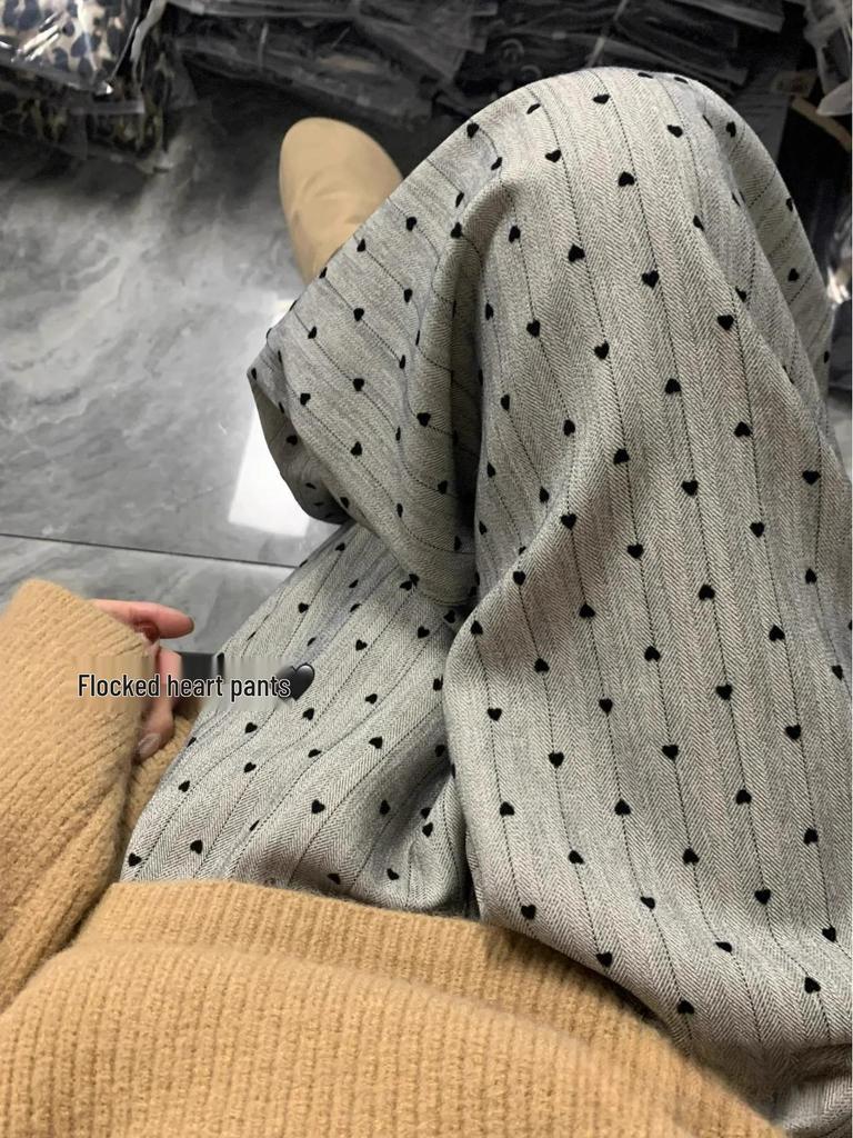 2025 Women's Khaki Polka Dot Striped Wide-Leg Pants - Spring & Autumn Relaxed Fit