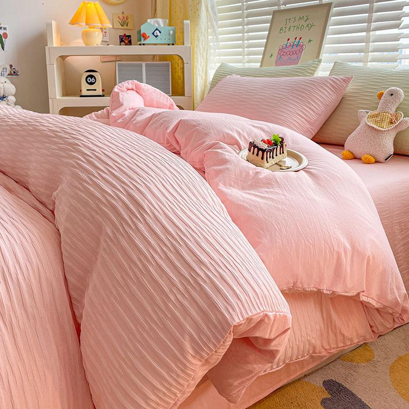 Seersucker Bedding Sets Solid Color Washed Cotton Microfiber Duvet Cover Flat Sheet Pillowcases Soft Bed Linen For Girls