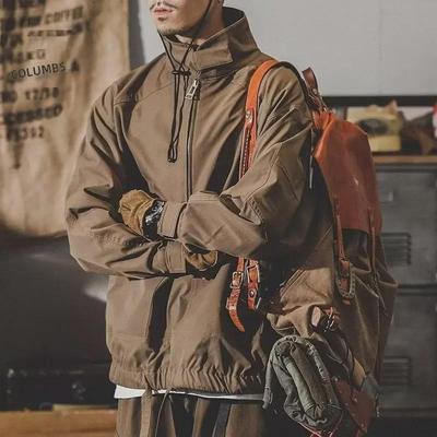 Pánská retro pracovní bunda s polovičním zipem - Jaro a podzim, Stojáček, Volný střih, S příměsí sametu pro zimu.