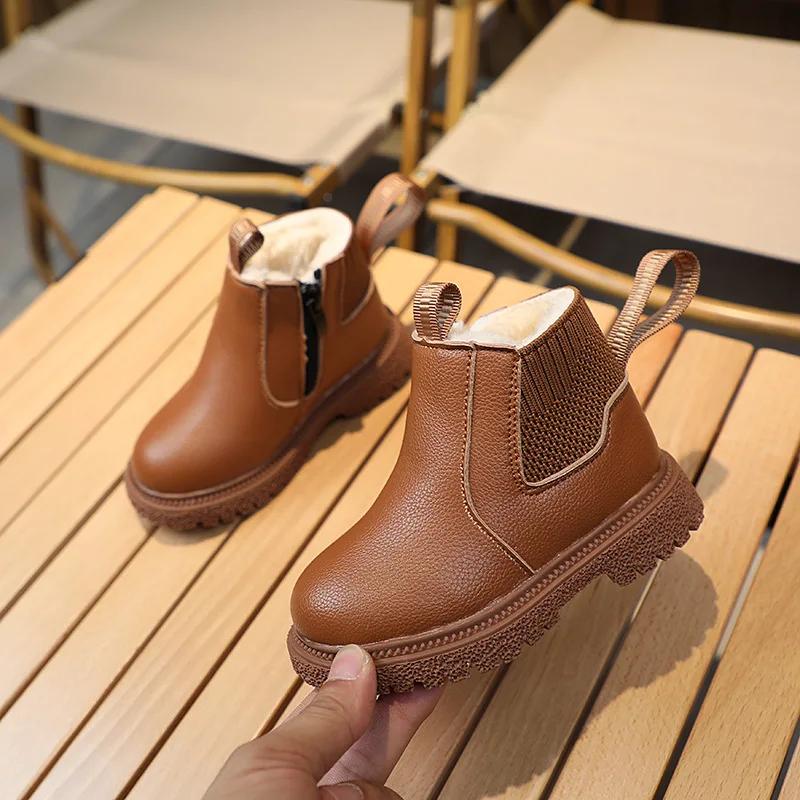 Winter Boots Kids Boys Girls Short Boots Black Beige Brown Velvet Chelsea Boots for Toddlers Nice Children Platform Shoes I07088
