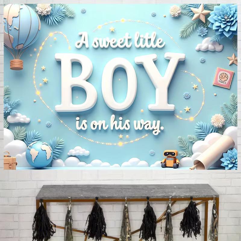 

Cute Baby Boy Shower Tapestry, Soft Blue Background with BOY Text, Hot Air Balloon and Whimsical Decor, Sweet Nursery Wall Art 47.2x31.5inch/120*80cm
