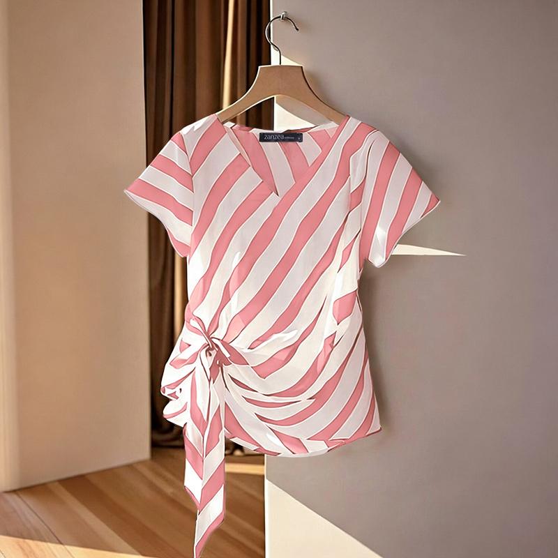 

ZANZEA Жіноча повсякденна літня блузка з V-подібним вирізом і короткими рукавами 5XL рожевий