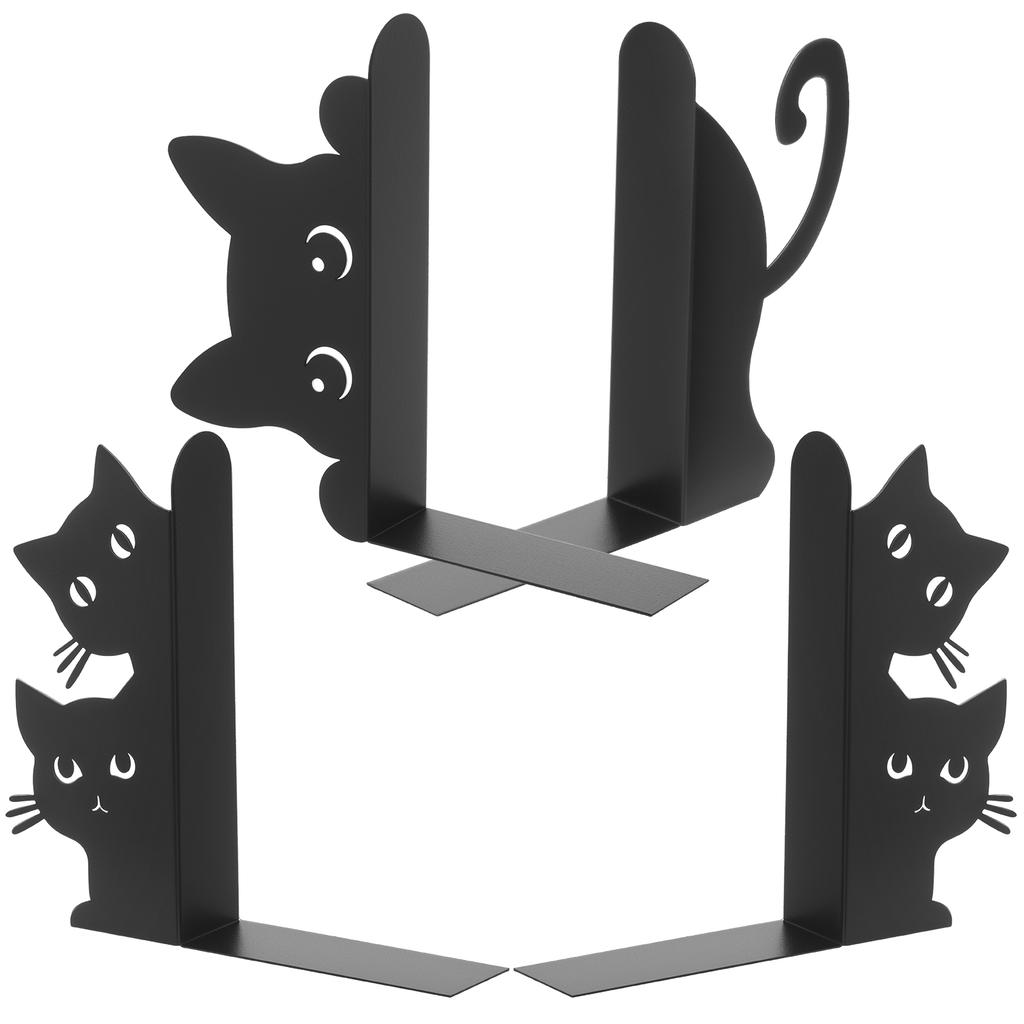 2 Pairs Desktop Peeping Cat Metal Bookends Set Cute Black Cat Book Holder Decorative Black Cat Book Ends for Bookshelf Office