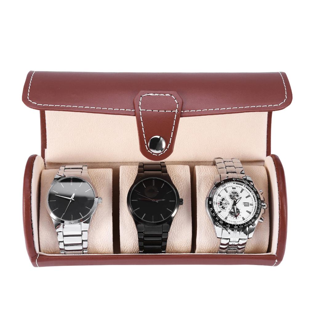 Soporte Enrollable para Relojes Cilíndrico de 3 Compartimentos Vitrina para Relojes de Pulsera Caja de Almacenamiento para Joyas Regalo (marrón)