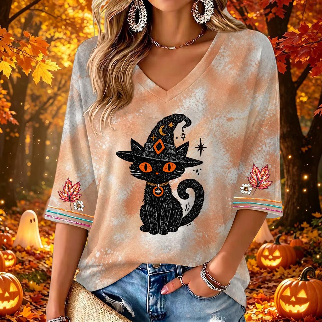 Women's V-Neck Halloween Printed Three-Quarter Sleeve Casual Blouse for Fall Festive Occasions