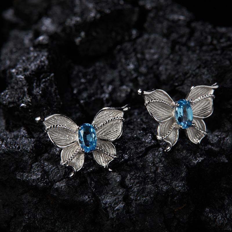 

S925 Sterling Silver Natural Topaz Colored Treasure Necklace Female Elegant Temperament Double-Layer Three-Dimensional Butterfly Design