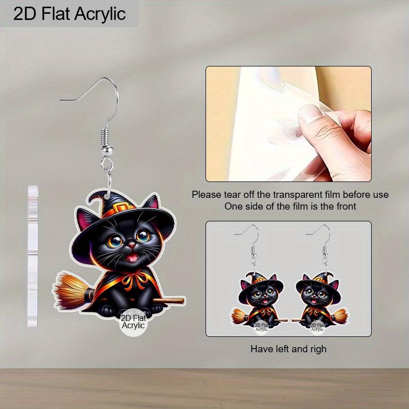 [JIT]2D Flat Acrylic Halloween Witch Broom Black Cat Dangle Earrings Women's Halloween Witch Hat Accessories Charms Jewelry Gifts